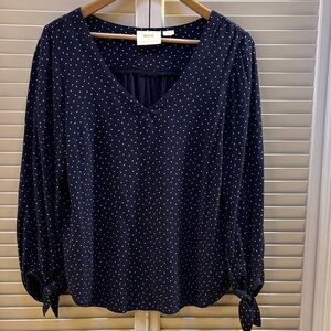 Maeve by Anthropologie Navy Polka Dot V-Neck Long Sleeve Blouse with Tie Cuffs